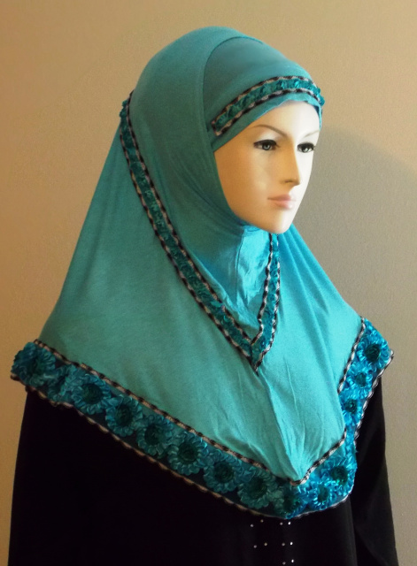 Teal Long  Floral style 2 Piece Hijab 6